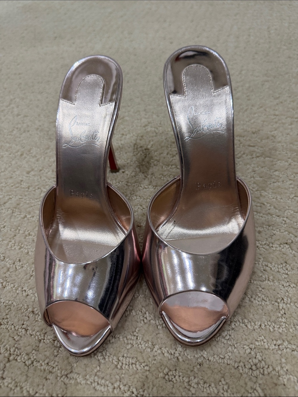 Christian Louboutin Metallic Rose Gold Peep-Toe Slide Heels